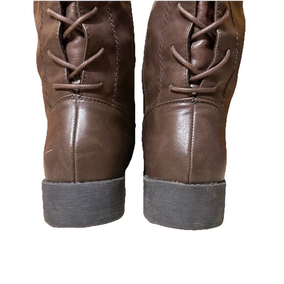 Comfortview Women's Knee High Boots Brown Faux Leather WW Zip Up Lace Tie Design - Picture 3 of 5